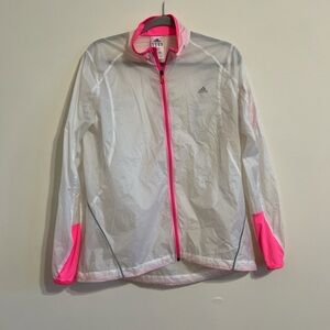Adidas Women's White Windbreaker Jacket with Pink Accents